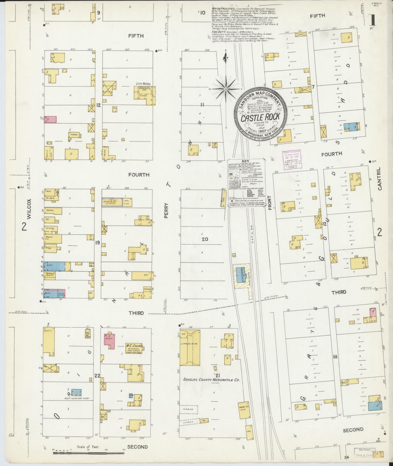 Sanborn Fire Insurance Map from Castle Rock, Douglas County, Colorado (1907), Sheet #0001 - Complete Map Set gallery image, historic Sanborn map, vintage wall art, Colorado Colorado