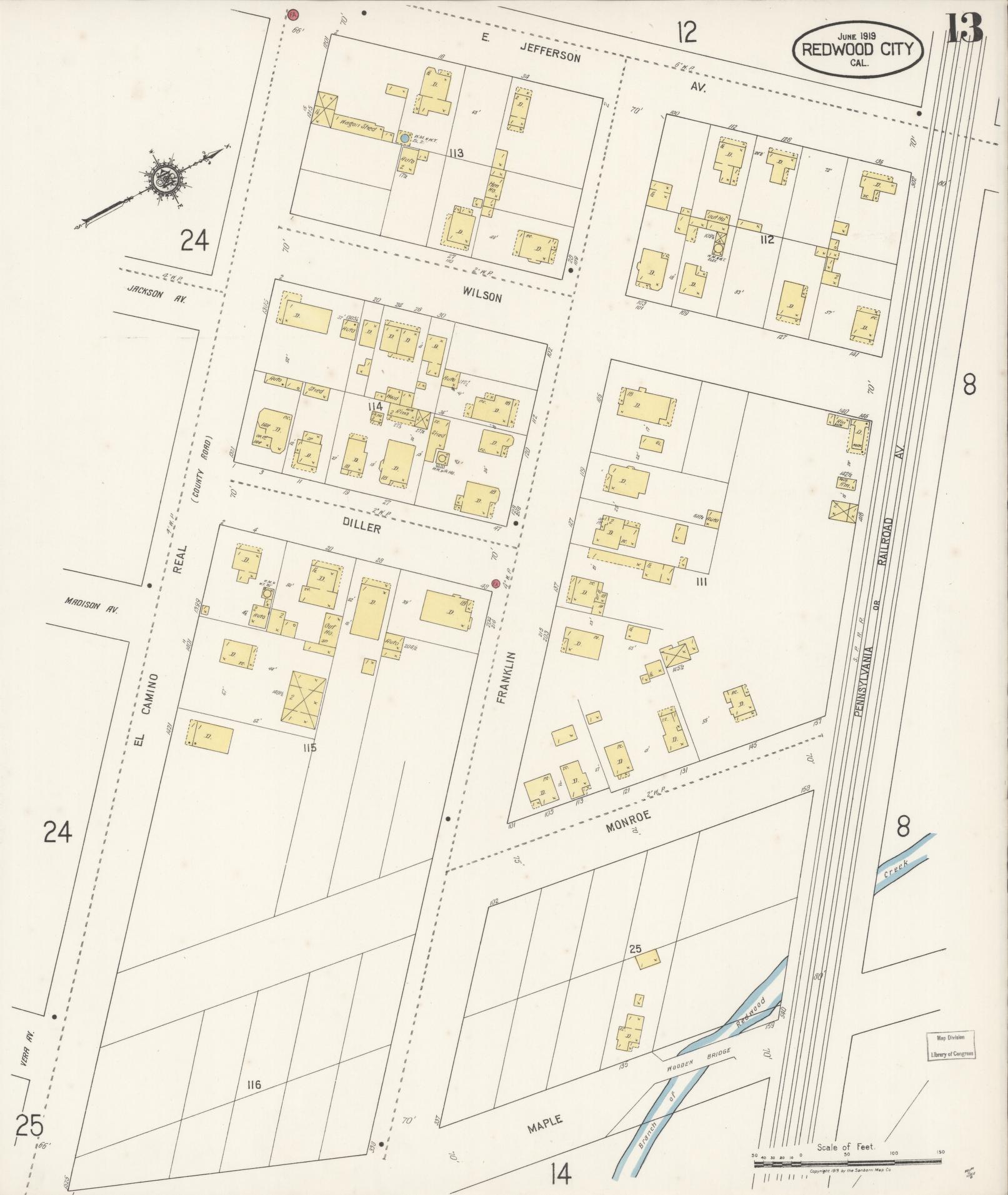 Sanborn Fire Insurance Map from Redwood City, San Mateo County, California (1919), Sheet #0013 - Complete Map Set gallery image, historic Sanborn map, vintage wall art, California California