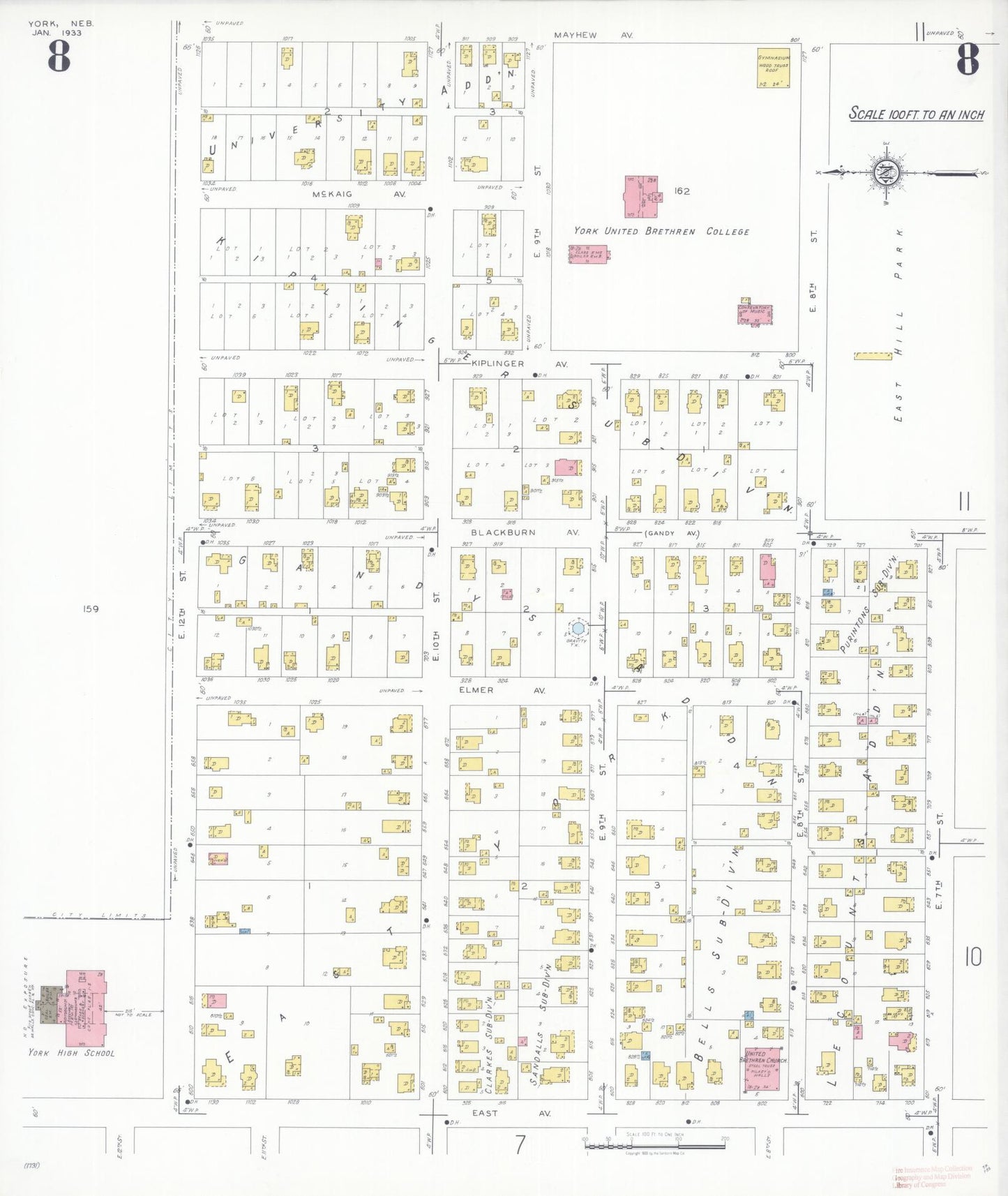 Sanborn Fire Insurance Map from York, York County, Nebraska (1933), Sheet #0008 - Historic Sanborn Fire Insurance Map Print, vintage old map wall art, antique decor, genealogy gift, Nebraska Nebraska map