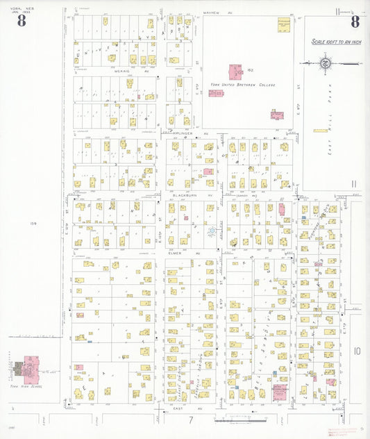 Sanborn Fire Insurance Map from York, York County, Nebraska (1933), Sheet #0008 - Historic Sanborn Fire Insurance Map Print, vintage old map wall art, antique decor, genealogy gift, Nebraska Nebraska map