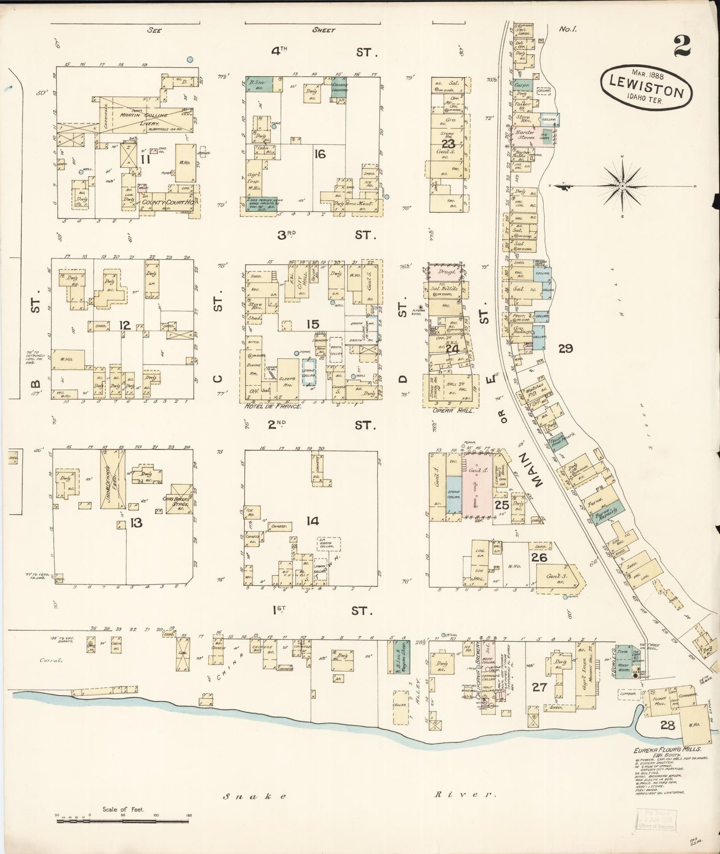 Sanborn Fire Insurance Map from Lewiston, Nez Perce County, Idaho (1888), Sheet #0002 - Historic Sanborn Fire Insurance Map Print, vintage old map wall art, antique decor, genealogy gift, Idaho Idaho map