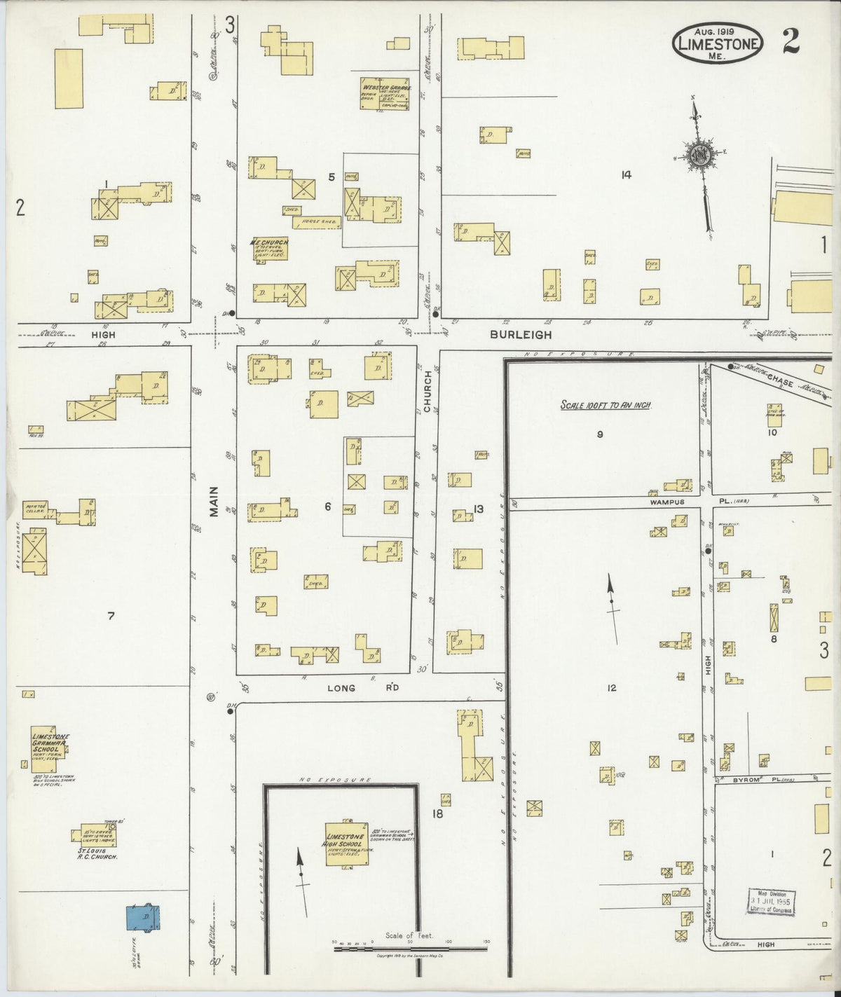 Sanborn Fire Insurance Map from Limestone, Aroostook County, Maine (1919), Sheet #0002 - Complete Map Set gallery image, historic Sanborn map, vintage wall art, Maine Maine
