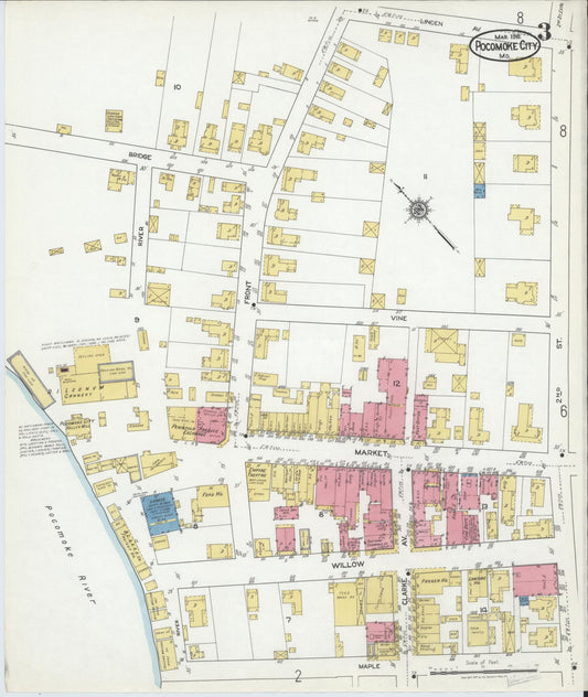 Sanborn Fire Insurance Map from Pocomoke City, Worcester County, Maryland (1919), Sheet #0003 - Historic Sanborn Fire Insurance Map Print, vintage old map wall art