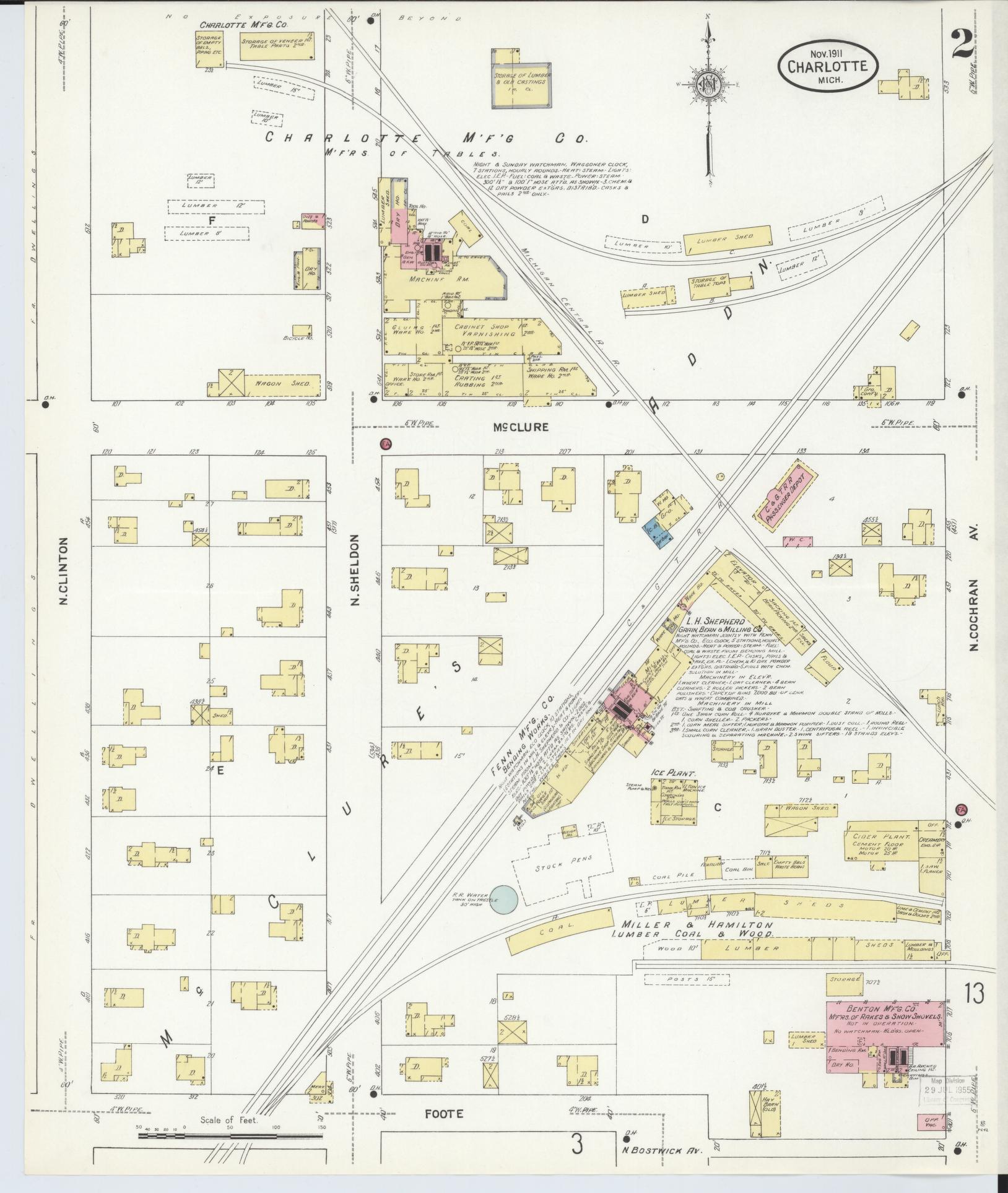 Sanborn Fire Insurance Map from Charlotte, Eaton County, Michigan (1911), Sheet #0002 - Historic Sanborn Fire Insurance Map Print, vintage old map wall art, antique decor, genealogy gift, Michigan Michigan map