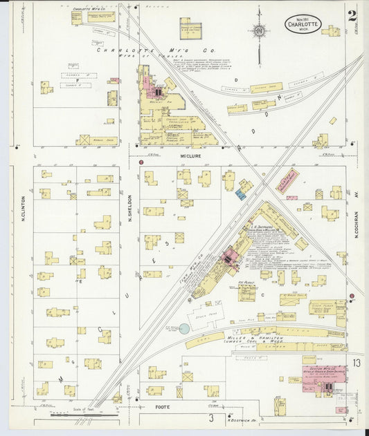 Sanborn Fire Insurance Map from Charlotte, Eaton County, Michigan (1911), Sheet #0002 - Historic Sanborn Fire Insurance Map Print, vintage old map wall art, antique decor, genealogy gift, Michigan Michigan map