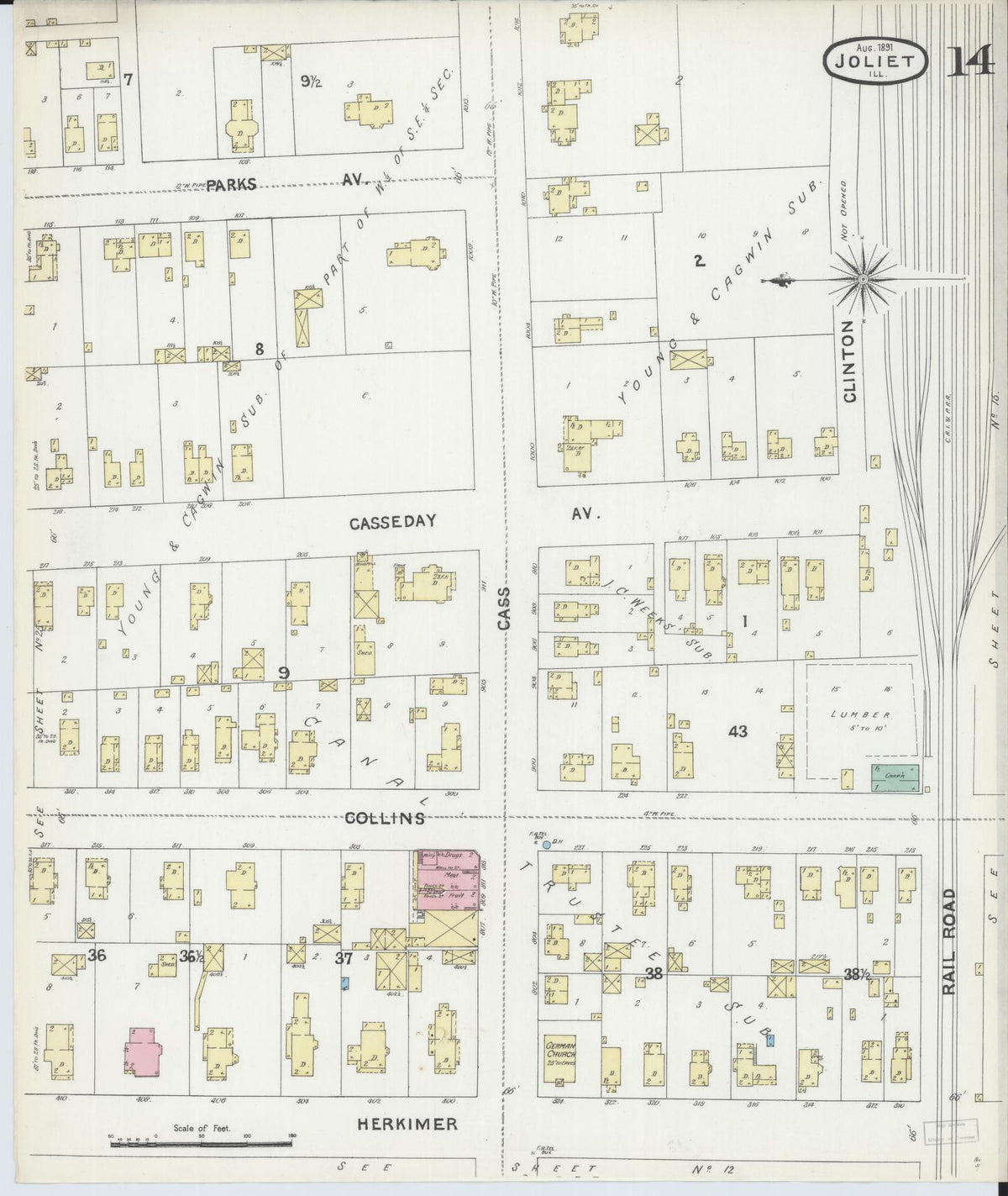 Sanborn Fire Insurance Map from Joliet, Will County, Illinois (1891), Sheet #0014 - Complete Map Set gallery image, historic Sanborn map, vintage wall art, Illinois Illinois