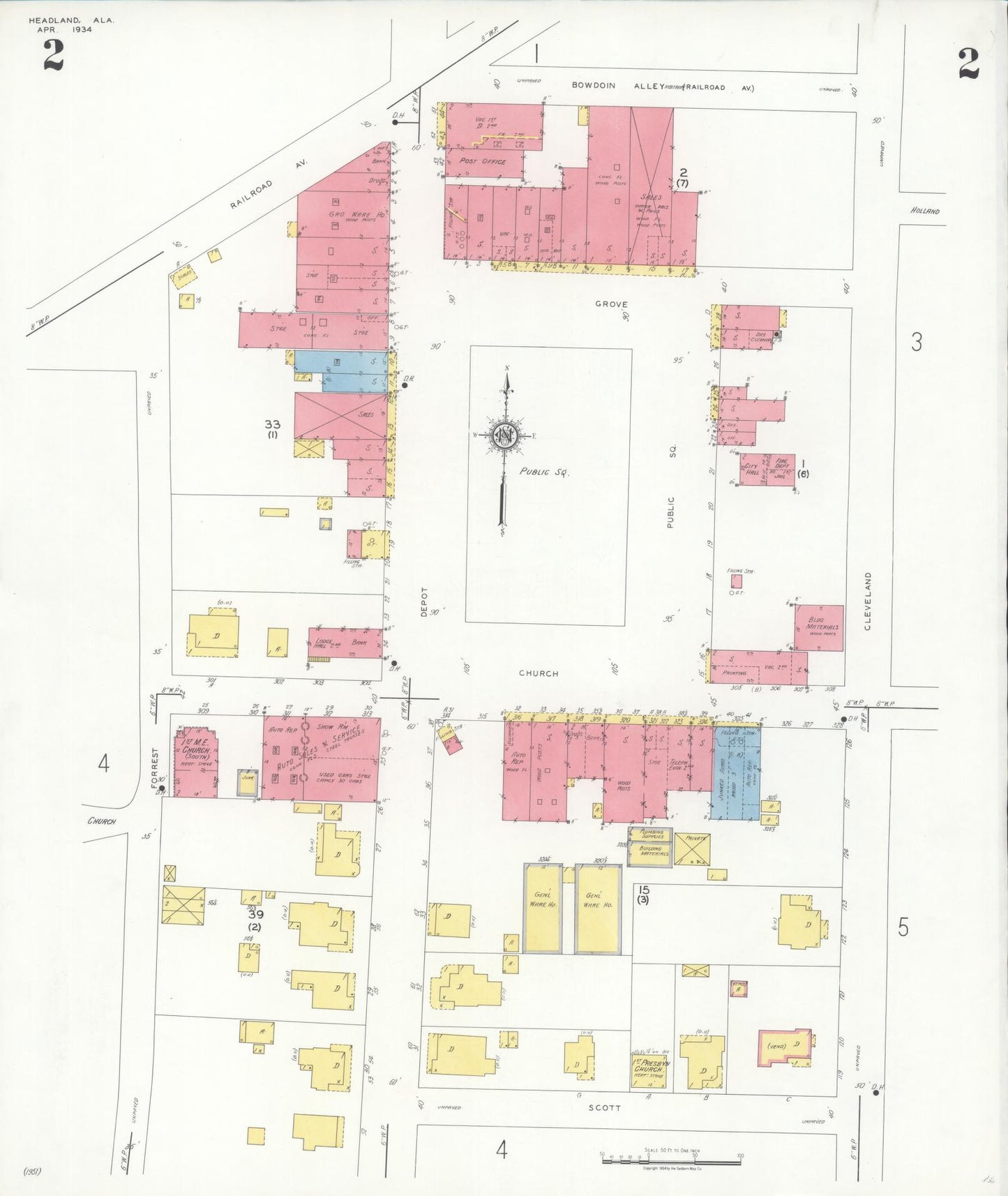Sanborn Fire Insurance Map from Headland, Henry County, Alabama (1934), Sheet #0002 - Complete Map Set gallery image, historic Sanborn map, vintage wall art, Alabama Alabama