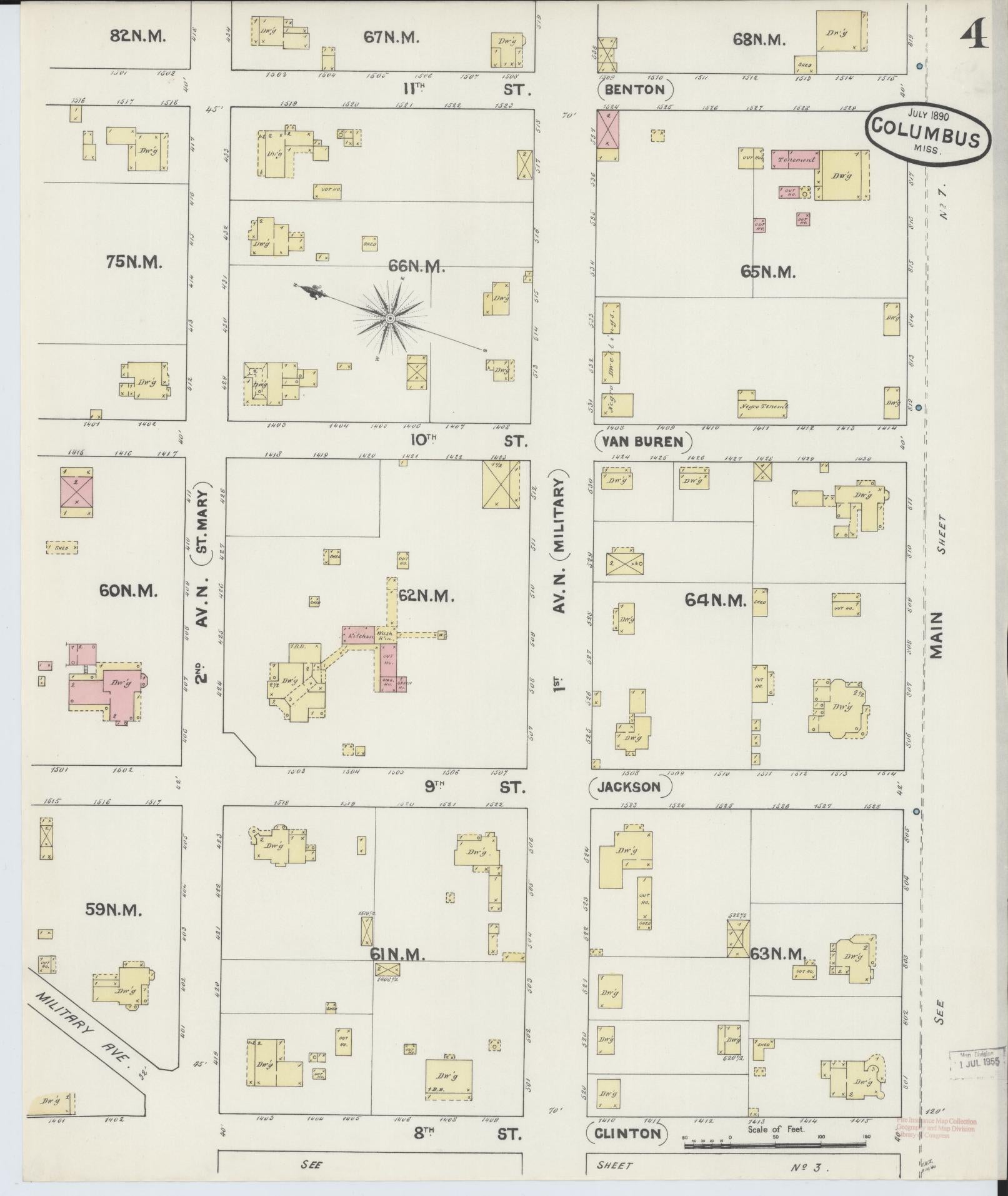 Sanborn Fire Insurance Map from Columbus, Lowndes County, Mississippi (1890), Sheet #0004 - Complete Map Set gallery image, historic Sanborn map, vintage wall art, Mississippi Mississippi
