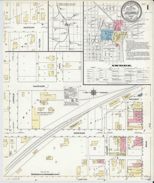 Sanborn Fire Insurance Map from Jasonville, Greene County, Indiana (1910), Sheet #0001 - Complete Map Set gallery image, historic Sanborn map, vintage wall art, Indiana Indiana
