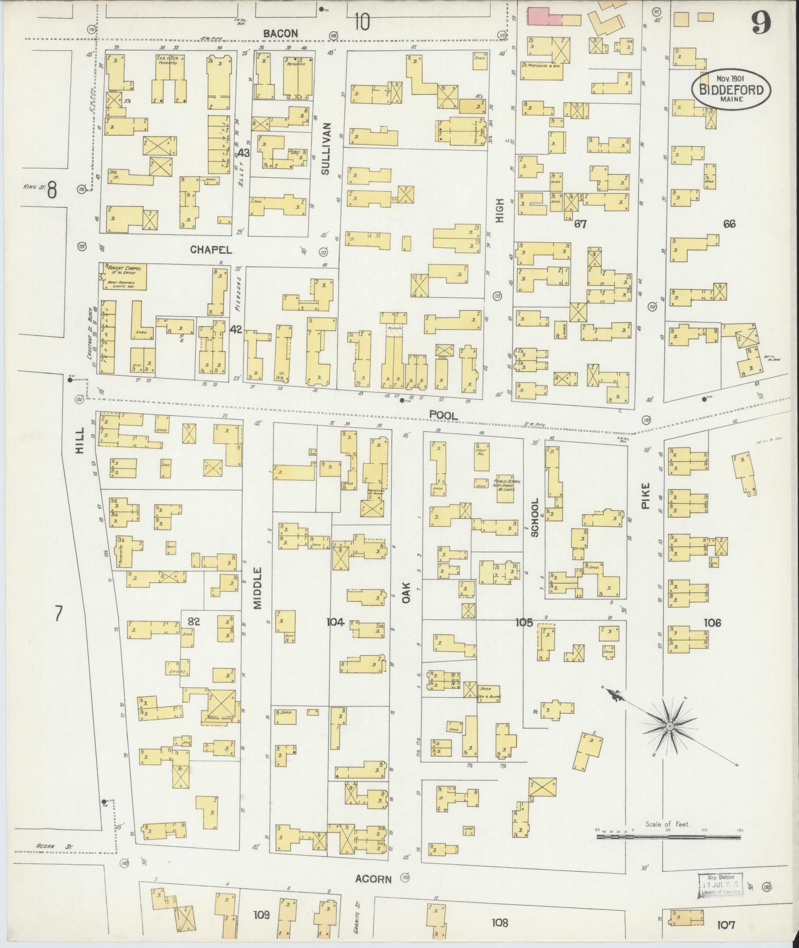 Sanborn Fire Insurance Map from Biddeford, York County, Maine (1901), Sheet #0009 - Complete Map Set gallery image, historic Sanborn map, vintage wall art, Maine Maine