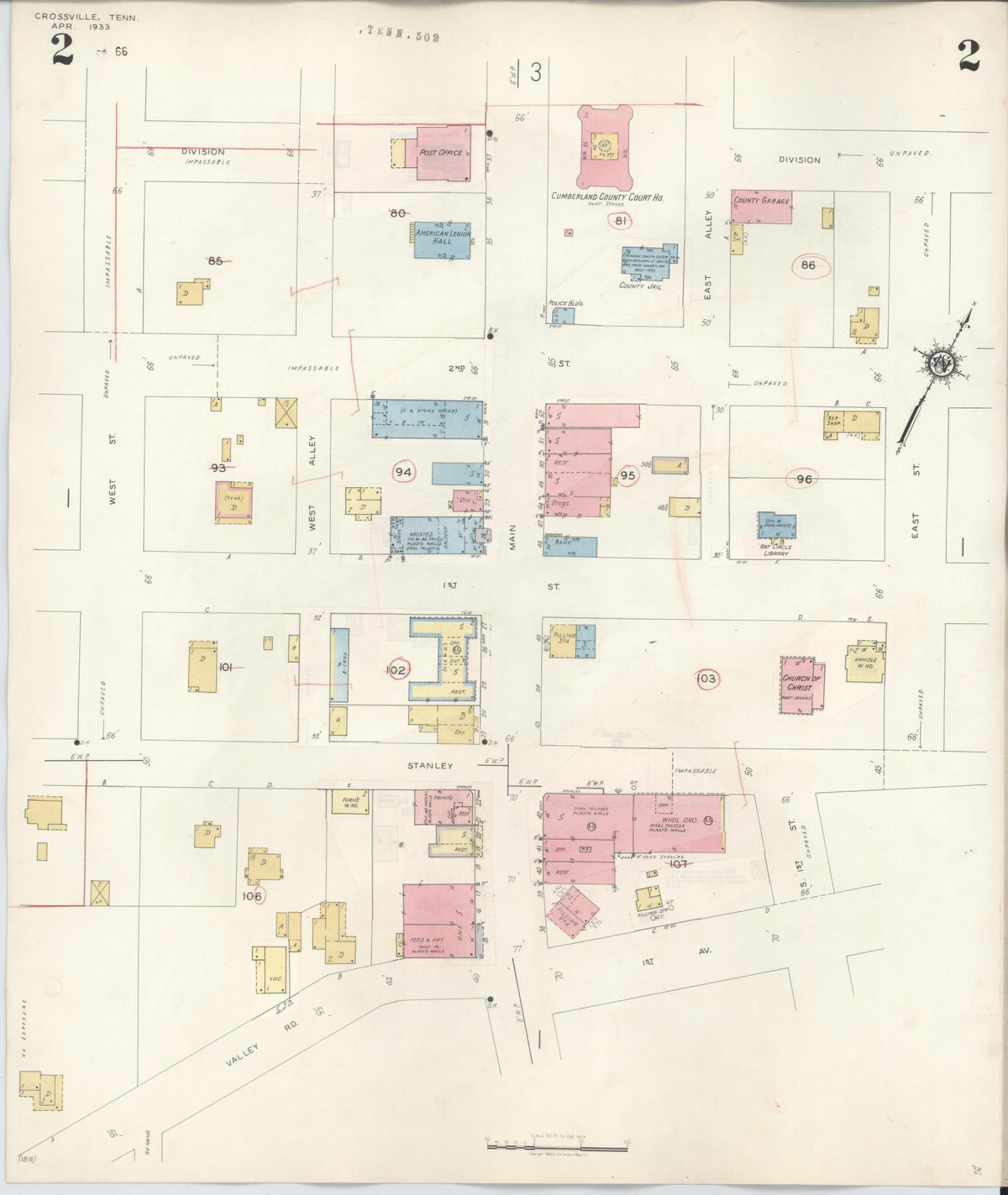 Sanborn Fire Insurance Map from Crossville, Cumberland County, Tennessee (1942), Sheet #0002 - Complete Map Set gallery image, historic Sanborn map, vintage wall art, Tennessee Tennessee