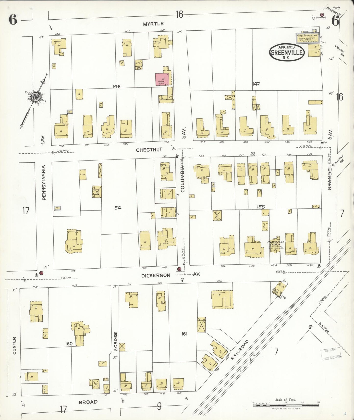 Sanborn Fire Insurance Map from Greenville, Pitt County, North Carolina (1923), Sheet #0006 - Historic Sanborn Fire Insurance Map Print, vintage old map wall art, antique decor, genealogy gift, North Carolina North Carolina map