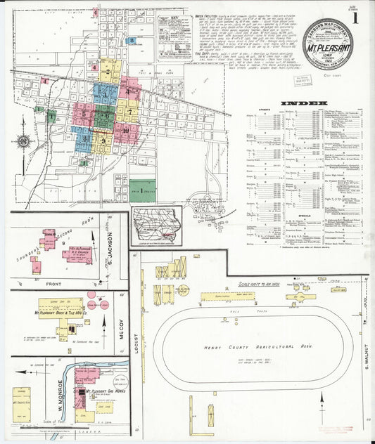 Sanborn Fire Insurance Map from Mount Pleasant, Henry County, Iowa (1920), Sheet #0001 - Historic Sanborn Fire Insurance Map Print, vintage old map wall art