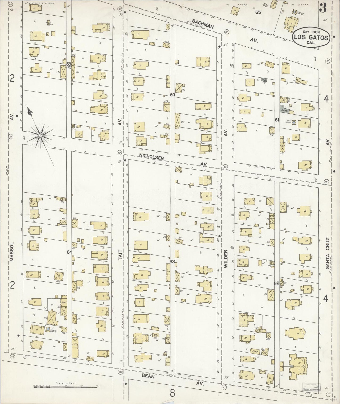 Sanborn Fire Insurance Map from Los Gatos, Santa Clara County, California (1904), Sheet #0003 - Complete Map Set gallery image, historic Sanborn map, vintage wall art, California California