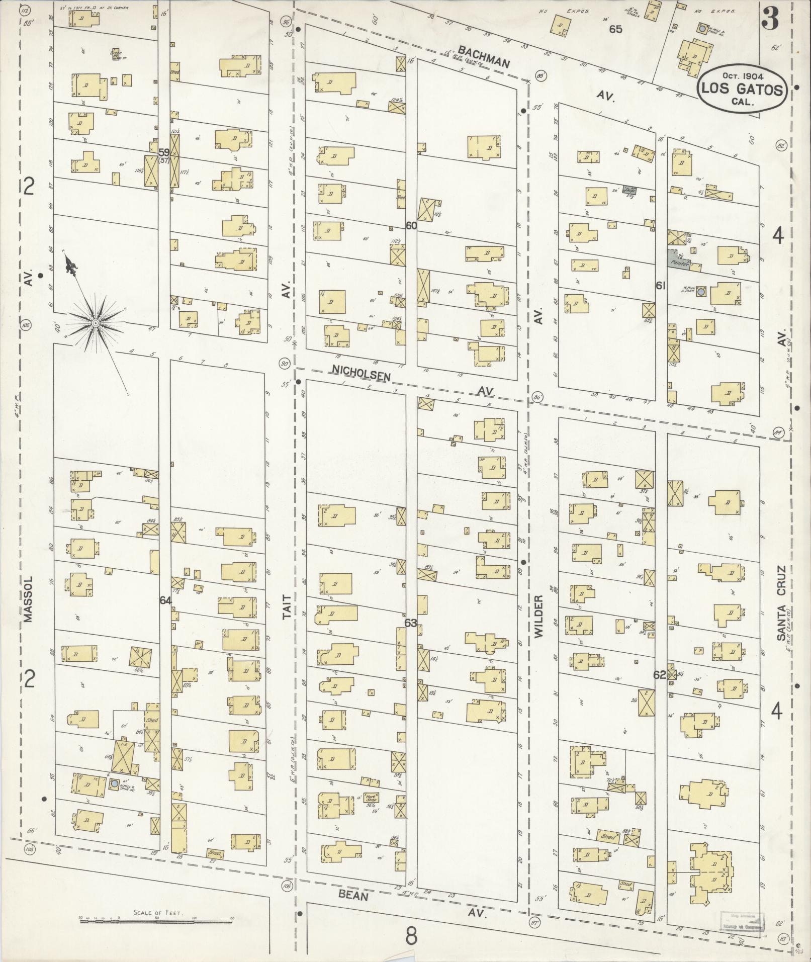 Sanborn Fire Insurance Map from Los Gatos, Santa Clara County, California (1904), Sheet #0003 - Complete Map Set gallery image, historic Sanborn map, vintage wall art, California California