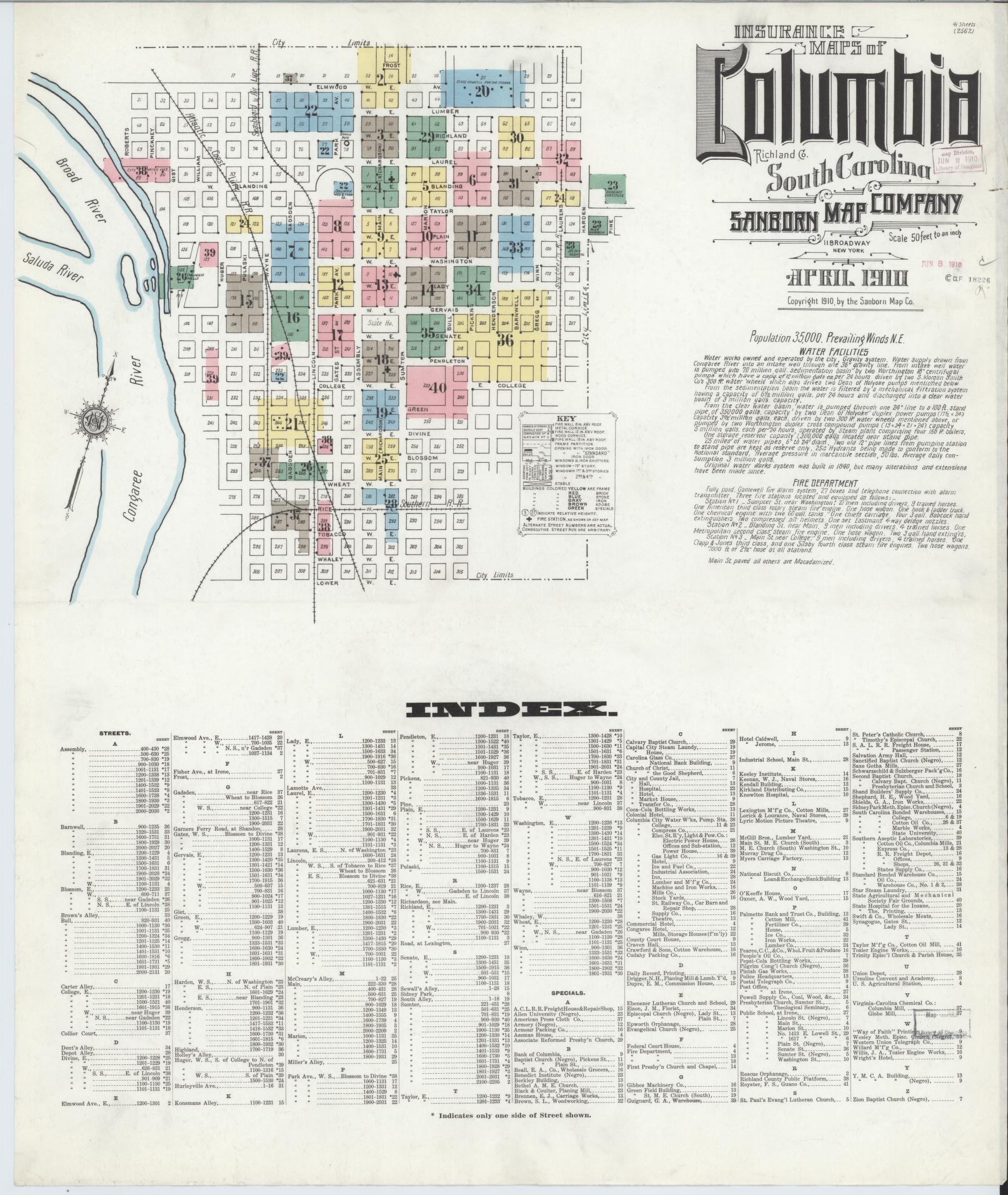 Sanborn Fire Insurance Map from Columbia, Richland County, South Carolina (1910), Sheet #0001 - Complete Map Set gallery image, historic Sanborn map, vintage wall art, South Carolina South Carolina