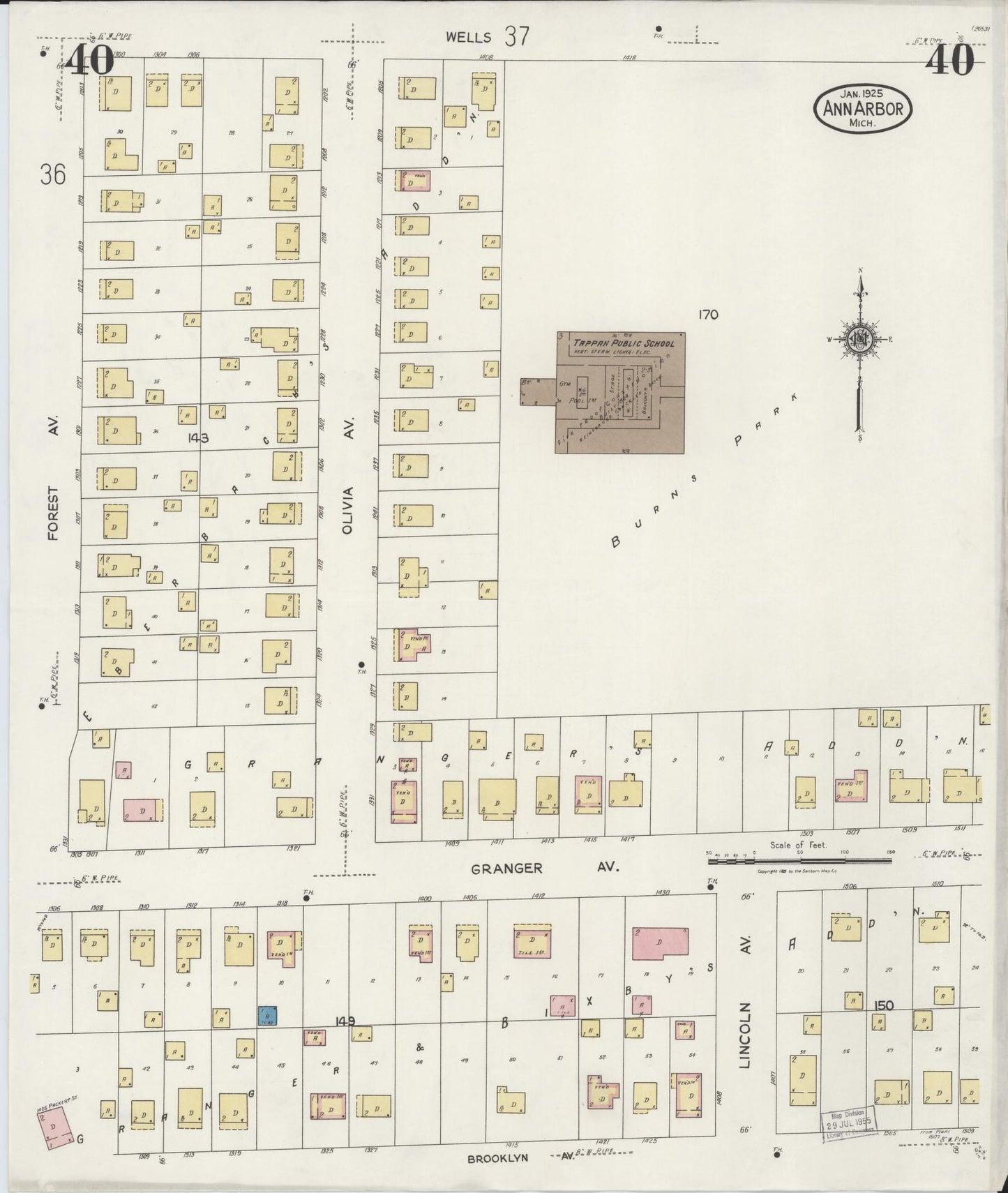 Sanborn Fire Insurance Map from Ann Arbor, Washtenaw County, Michigan (1925), Sheet #0040 - Complete Map Set gallery image, historic Sanborn map, vintage wall art, Michigan Michigan