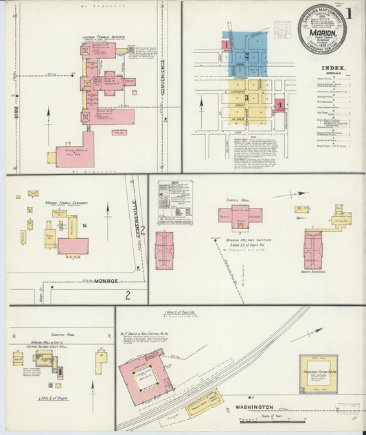 Sanborn Fire Insurance Map from Marion, Perry County, Alabama (1905), Sheet #0001 - Historic Sanborn Fire Insurance Map Print, vintage old map wall art, antique decor, genealogy gift, Alabama Alabama map