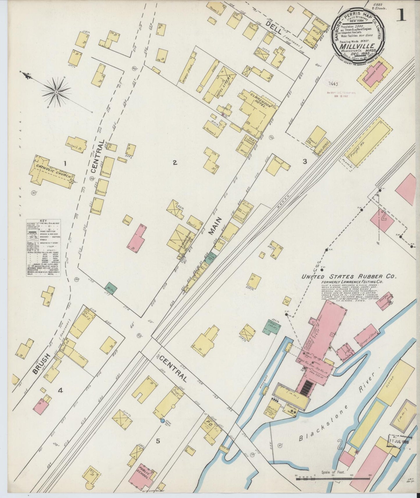Sanborn Fire Insurance Map from Millville, Worcester County, Massachusetts (1893), Sheet #0001 - Historic Sanborn Fire Insurance Map Print, vintage old map wall art, antique decor, genealogy gift, Massachusetts Massachusetts map