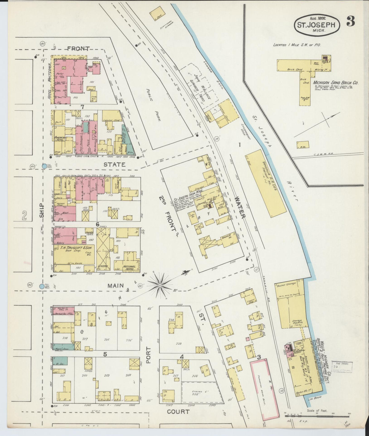 Sanborn Fire Insurance Map from Saint Joseph, Berrien County, Michigan (1892), Sheet #0003 - Historic Sanborn Fire Insurance Map Print, vintage old map wall art, antique decor, genealogy gift, Michigan Michigan map