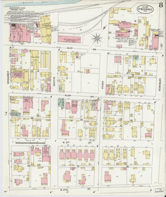Sanborn Fire Insurance Map from Vincennes, Knox County, Indiana (1897), Sheet #0008 - Historic Sanborn Fire Insurance Map Print, vintage old map wall art, antique decor, genealogy gift, Indiana Indiana map