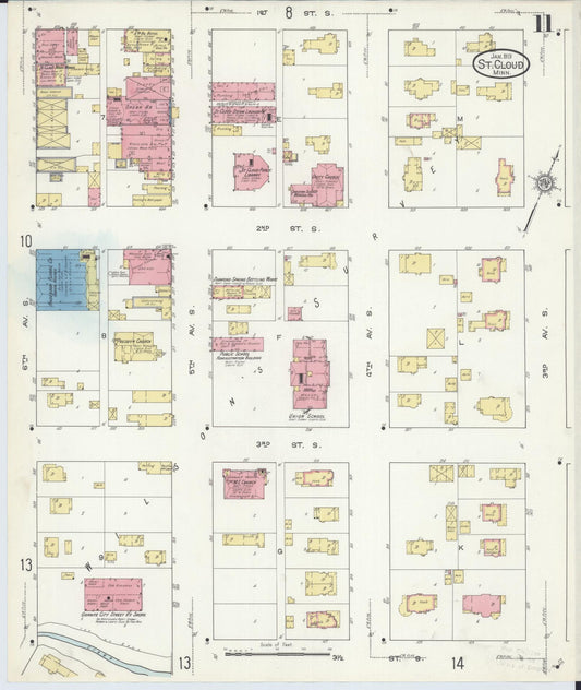 Sanborn Fire Insurance Map from Saint Cloud, Stearns, Benton, and Sherburne Counties, Minnesota (1913), Sheet #0011 - Historic Sanborn Fire Insurance Map Print, vintage old map wall art, antique decor, genealogy gift, Minnesota Minnesota map