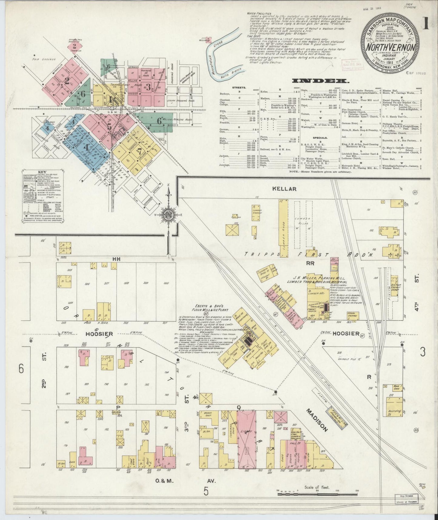 Sanborn Fire Insurance Map from North Vernon, Jennings County, Indiana (1911), Sheet #0001 - Complete Map Set gallery image, historic Sanborn map, vintage wall art, Indiana Indiana