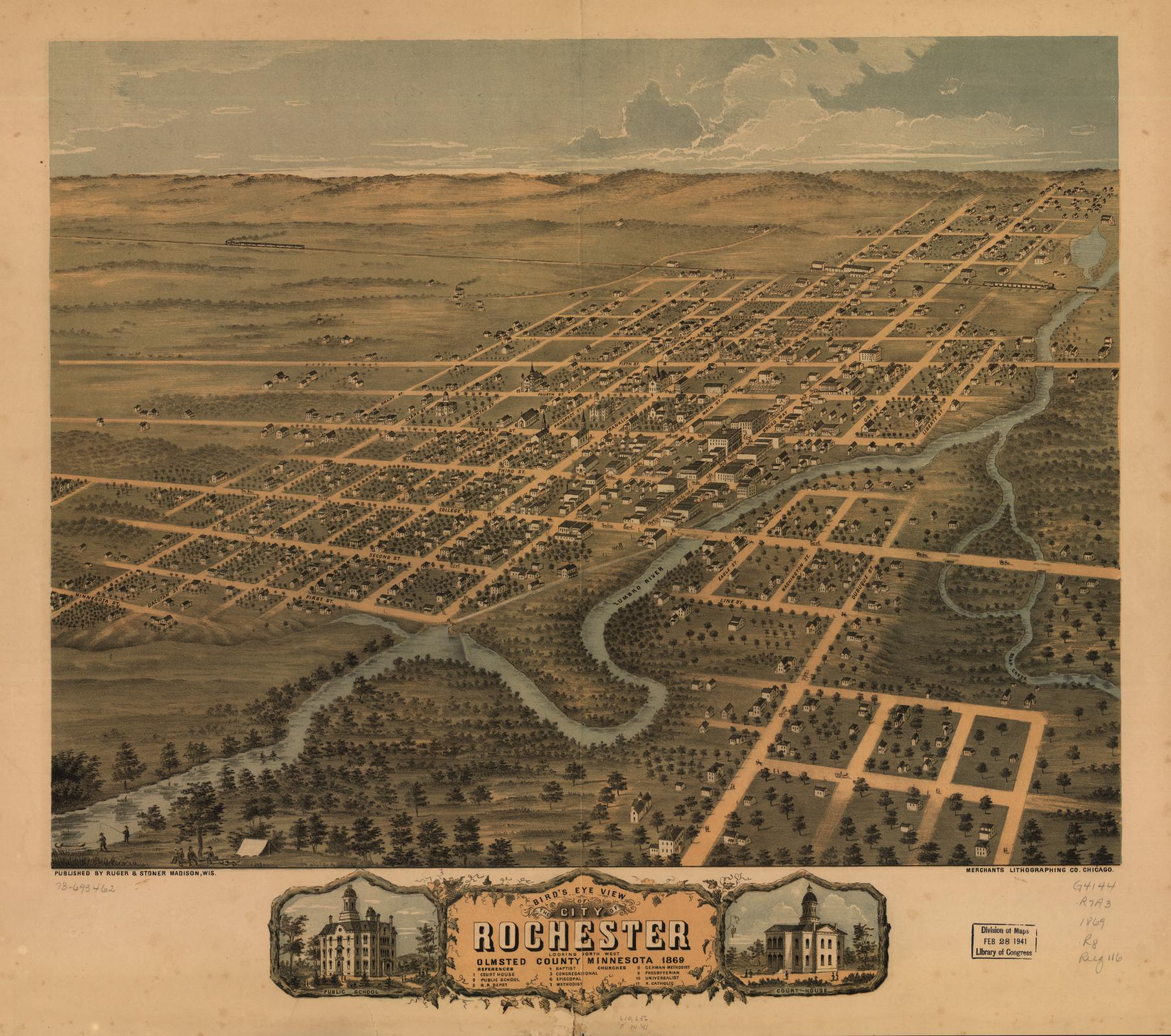 Bird's eye view of the city of Rochester, Olmsted County, Minnesota 1869. (1869) – Historic Bird’s-Eye View Panorama Print