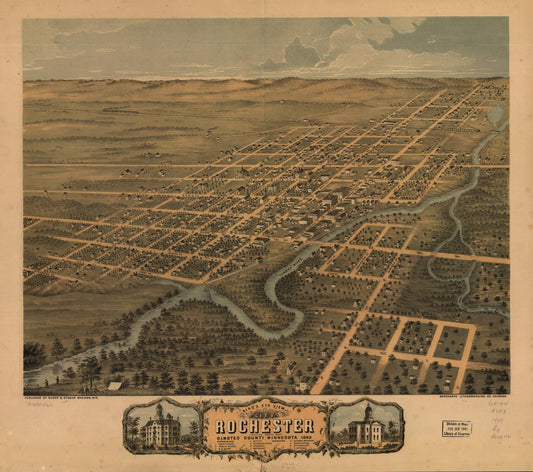 Bird's eye view of the city of Rochester, Olmsted County, Minnesota 1869. (1869) – Historic Bird’s-Eye View Panorama Print