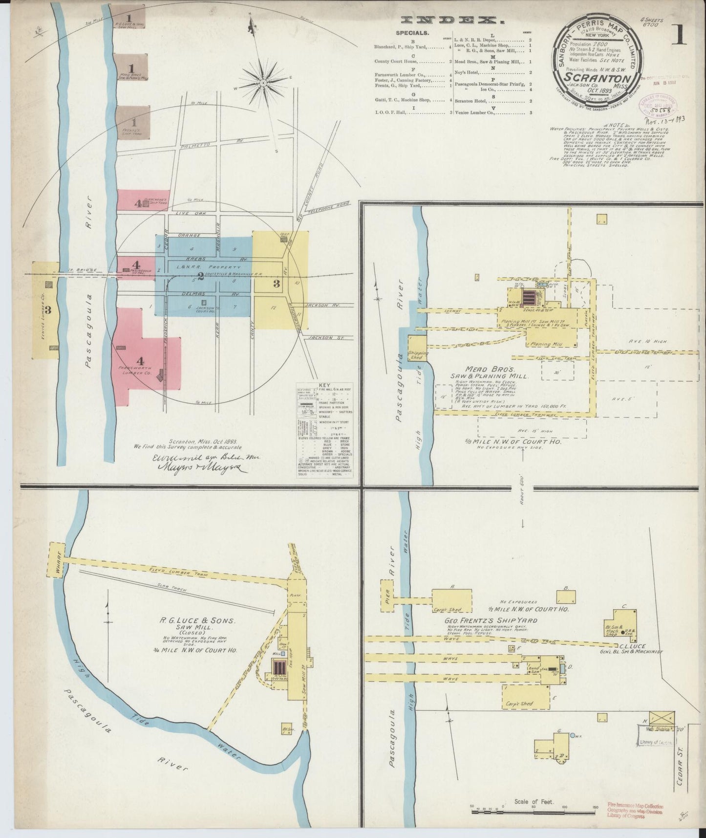 Sanborn Fire Insurance Map from Scranton, Jackson County, Mississippi (1893), Sheet #0001 - Complete Map Set gallery image, historic Sanborn map, vintage wall art, Mississippi Mississippi