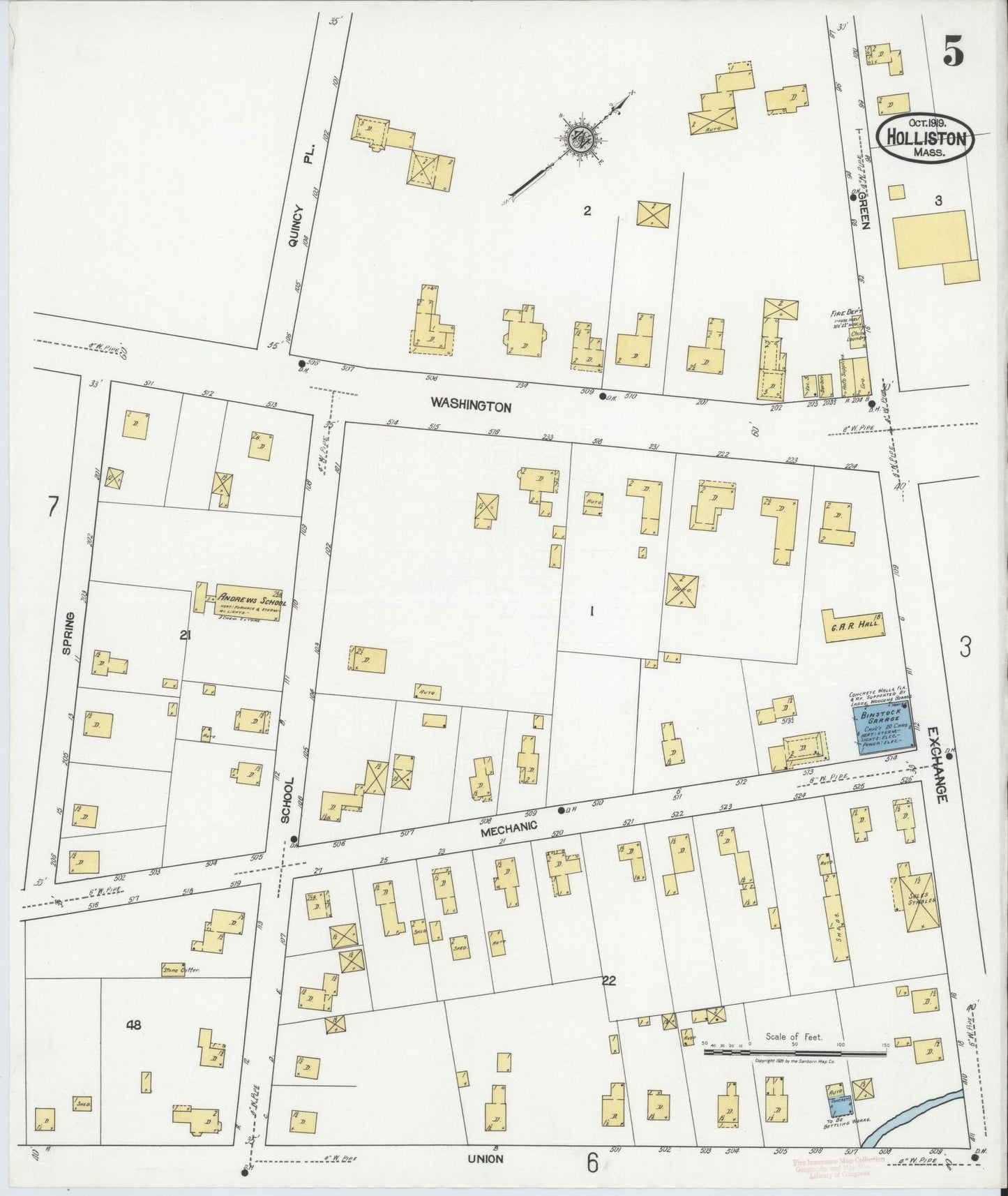 Sanborn Fire Insurance Map from Holliston, Middlesex County, Massachusetts (1919), Sheet #0005 - Historic Sanborn Fire Insurance Map Print, vintage old map wall art, antique decor, genealogy gift, Massachusetts Massachusetts map