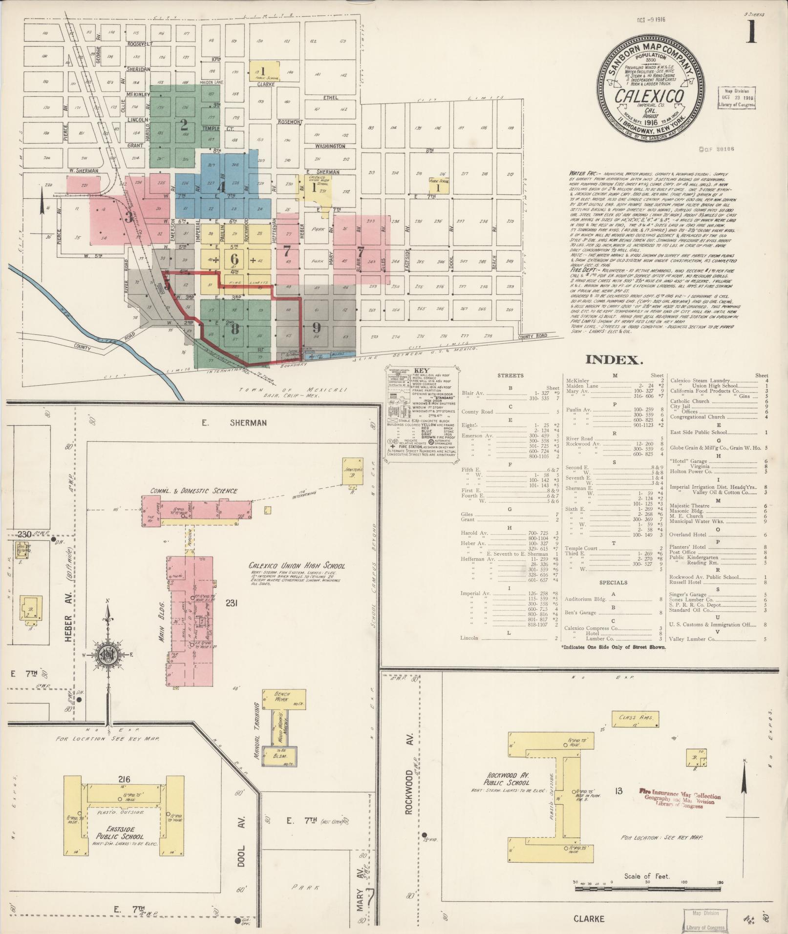 Sanborn Fire Insurance Map from Calexico, Imperial County, California (1916), Sheet #0001 - Complete Map Set gallery image, historic Sanborn map, vintage wall art, California California