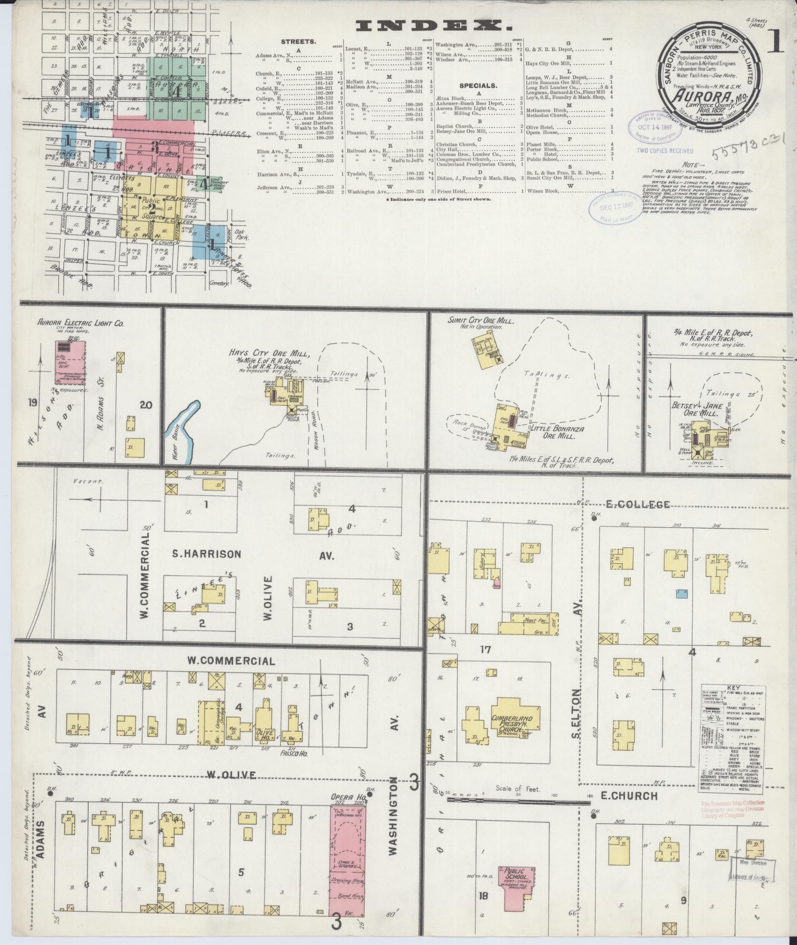 Sanborn Fire Insurance Map from Aurora, Lawrence County, Missouri (1897), Sheet #0001 - Historic Sanborn Fire Insurance Map Print, vintage old map wall art, antique decor, genealogy gift, Missouri Missouri map