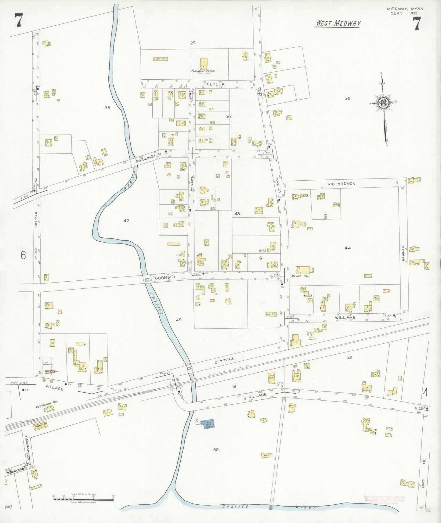 Sanborn Fire Insurance Map from Medway, Norfolk County, Massachusetts (1933), Sheet #0007 - Historic Sanborn Fire Insurance Map Print, vintage old map wall art, antique decor, genealogy gift, Massachusetts Massachusetts map