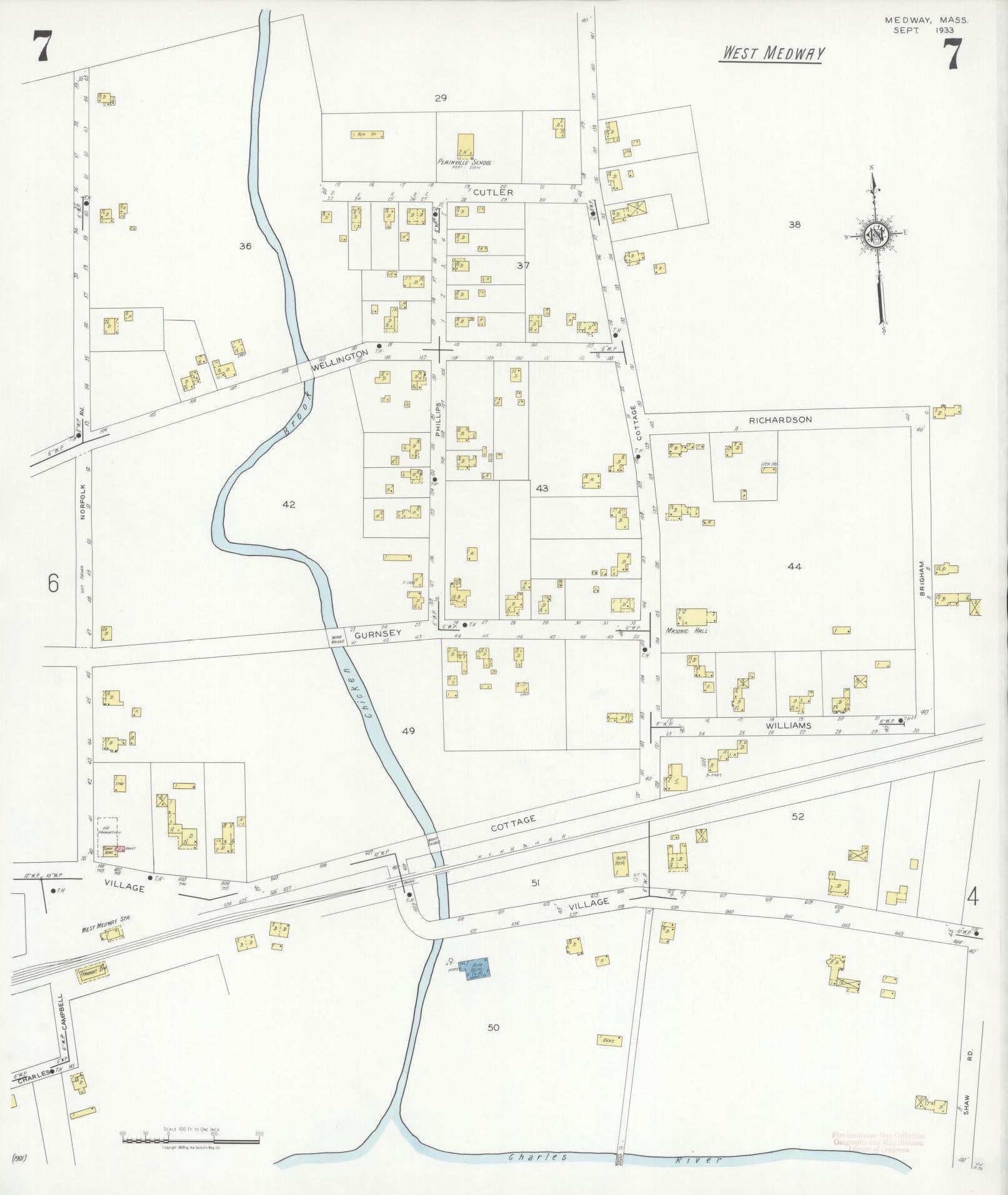 Sanborn Fire Insurance Map from Medway, Norfolk County, Massachusetts (1933), Sheet #0007 - Historic Sanborn Fire Insurance Map Print, vintage old map wall art, antique decor, genealogy gift, Massachusetts Massachusetts map