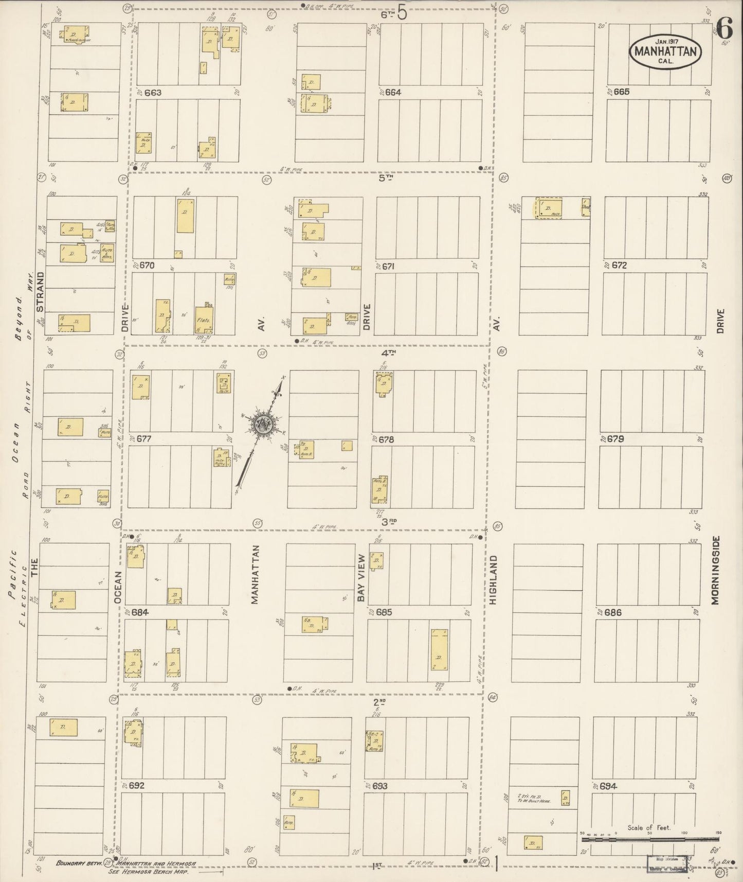 Sanborn Fire Insurance Map from Manhattan Beach, Los Angeles County, California (1917), Sheet #0006 - Historic Sanborn Fire Insurance Map Print, vintage old map wall art, antique decor, genealogy gift, California California map