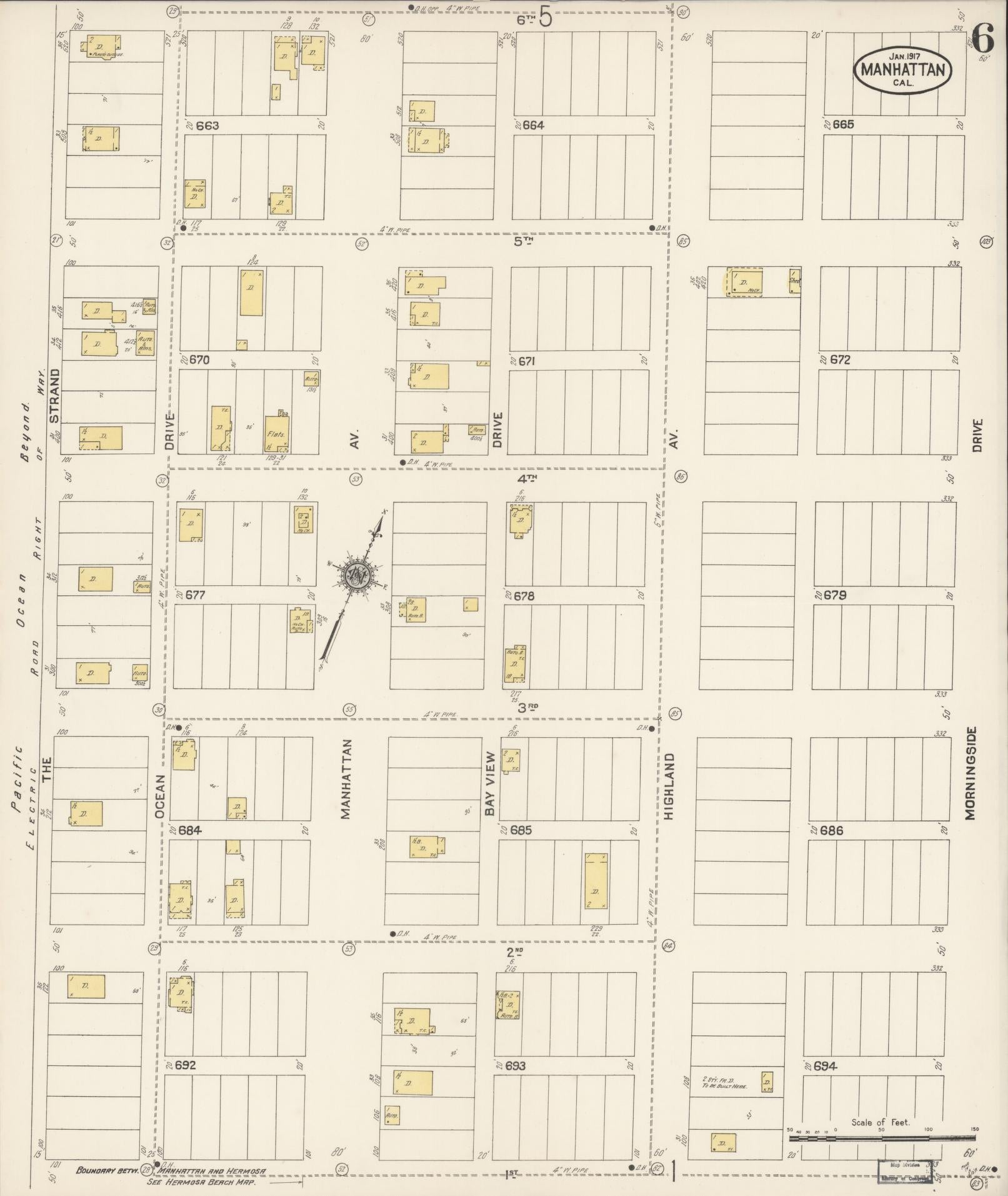 Sanborn Fire Insurance Map from Manhattan Beach, Los Angeles County, California (1917), Sheet #0006 - Historic Sanborn Fire Insurance Map Print, vintage old map wall art, antique decor, genealogy gift, California California map
