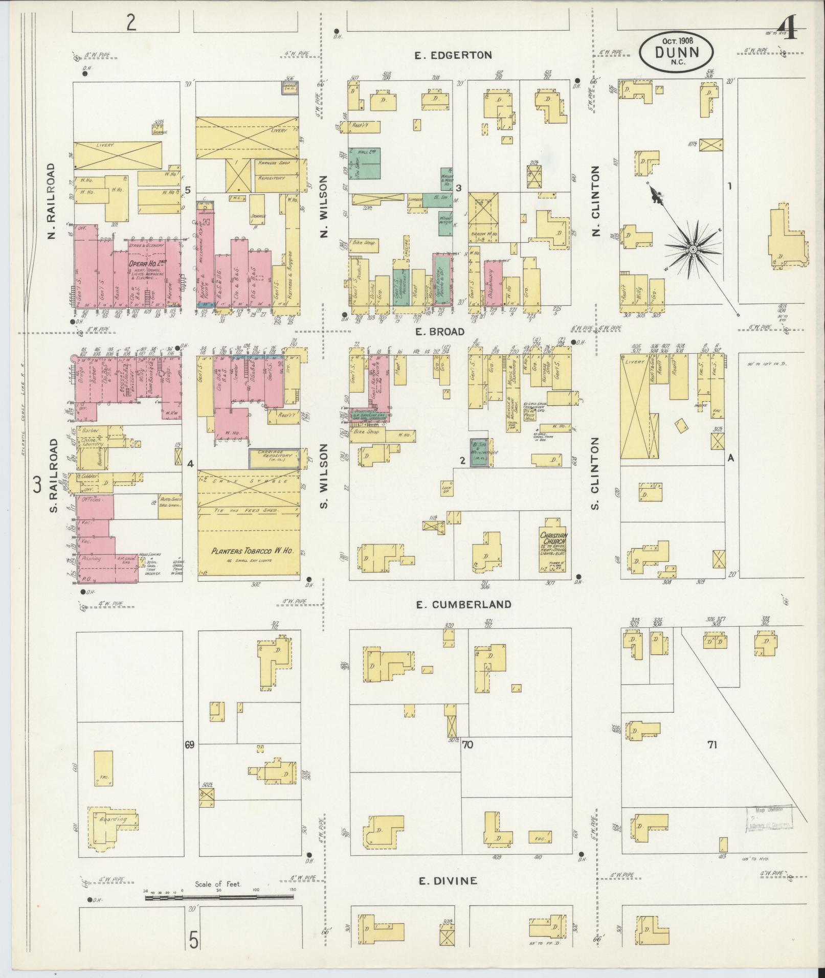 Sanborn Fire Insurance Map from Dunn, Harnett County, North Carolina (1908), Sheet #0004 - Complete Map Set gallery image, historic Sanborn map, vintage wall art, North Carolina North Carolina