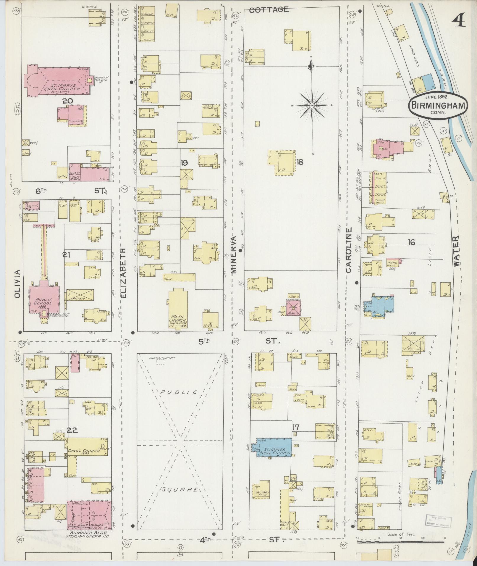 Sanborn Fire Insurance Map from Birmingham, New Haven County, Connecticut (1892), Sheet #0004 - Complete Map Set gallery image, historic Sanborn map, vintage wall art, Connecticut Connecticut