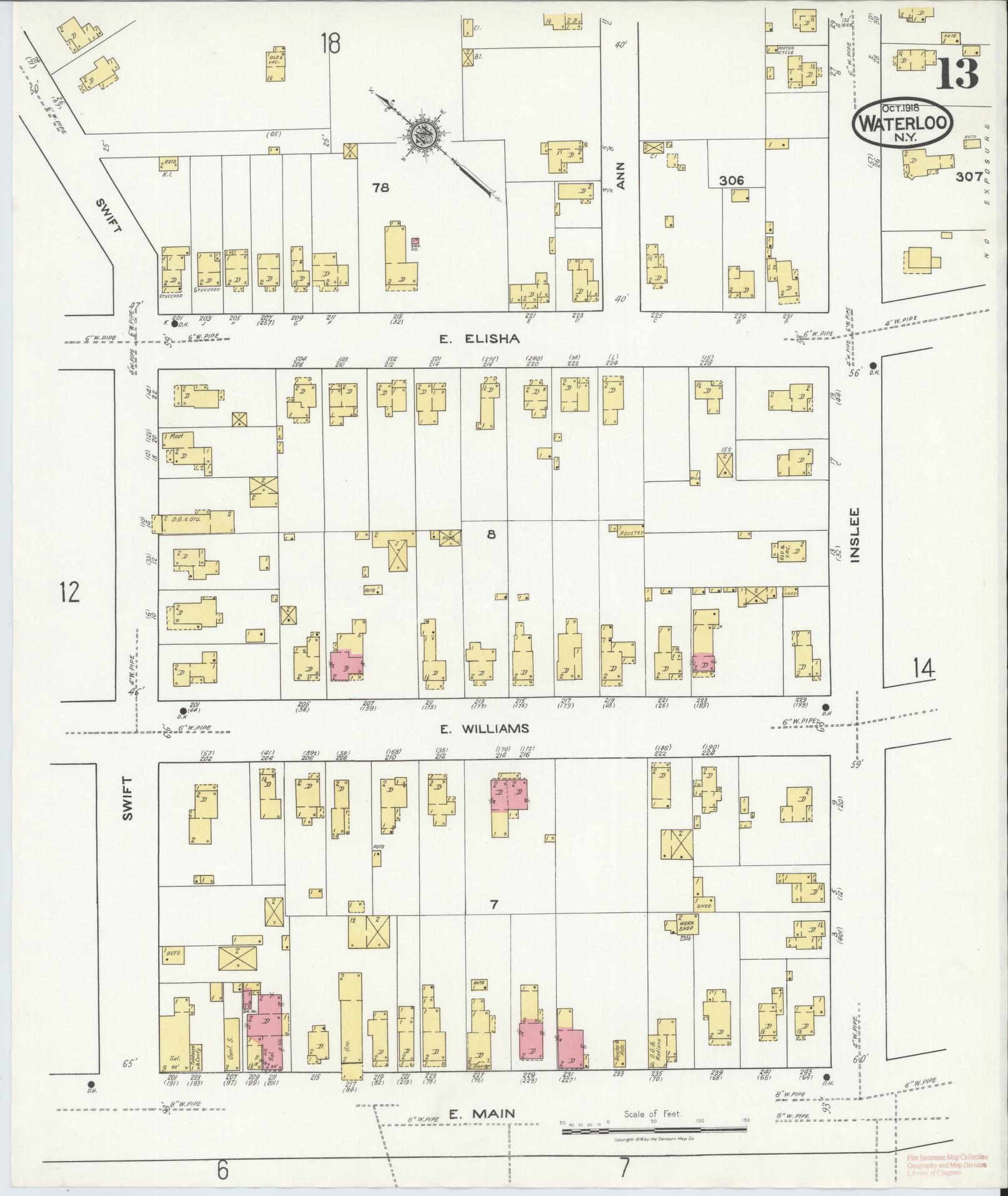 Sanborn Fire Insurance Map from Waterloo, Seneca County, New York (1918), Sheet #0013 - Historic Sanborn Fire Insurance Map Print, vintage old map wall art, antique decor, genealogy gift, New York New York map
