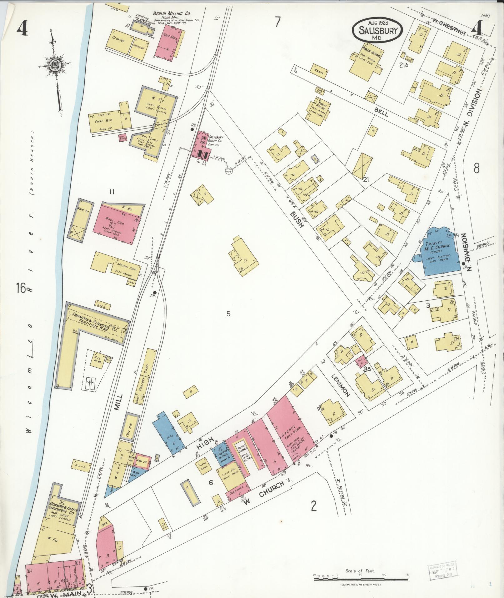 Sanborn Fire Insurance Map from Salisbury, Wicomico County, Maryland (1923), Sheet #0004 - Historic Sanborn Fire Insurance Map Print, vintage old map wall art