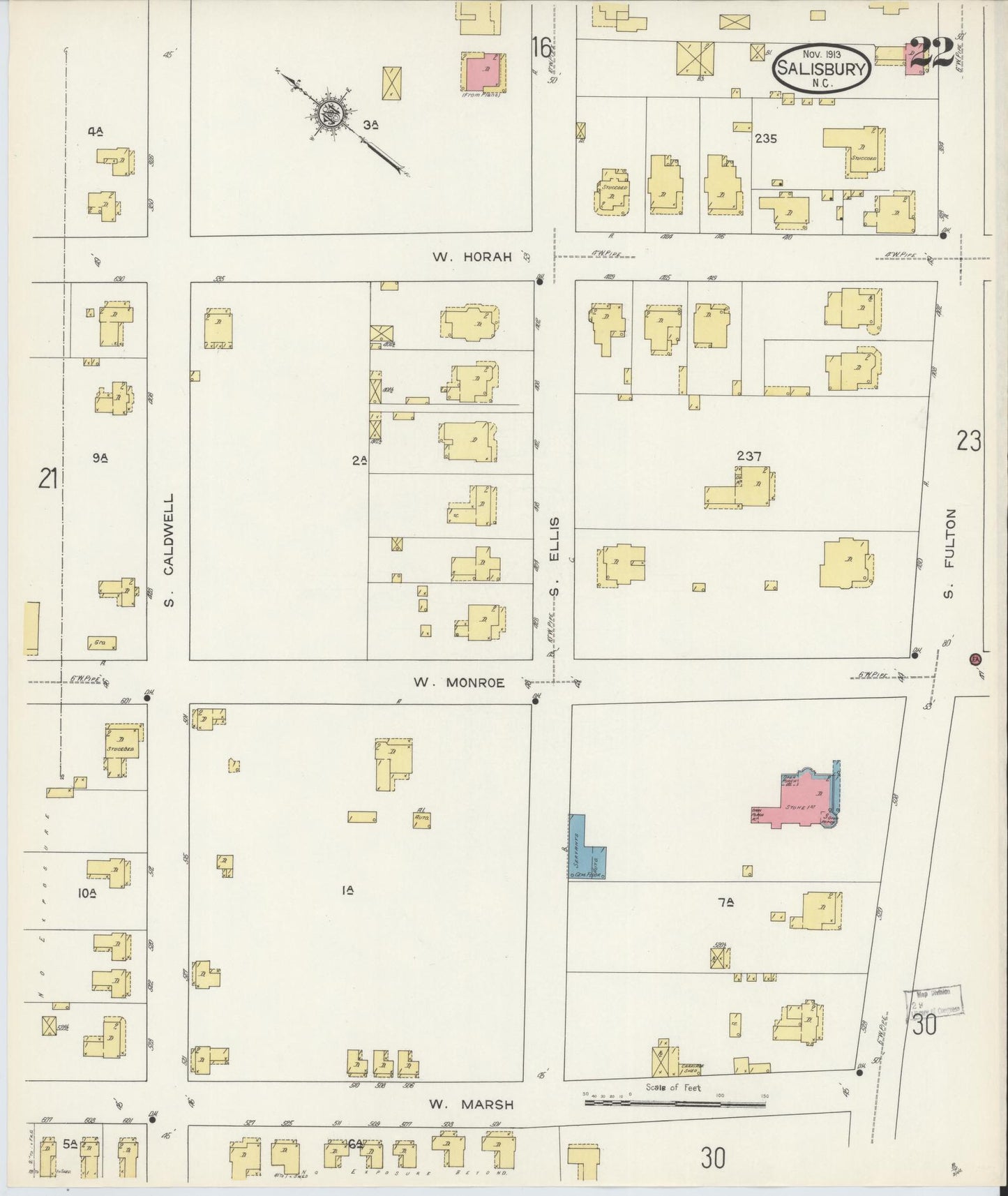 Sanborn Fire Insurance Map from Salisbury, Rowan County, North Carolina (1913), Sheet #0022 - Complete Map Set gallery image, historic Sanborn map, vintage wall art, North Carolina North Carolina