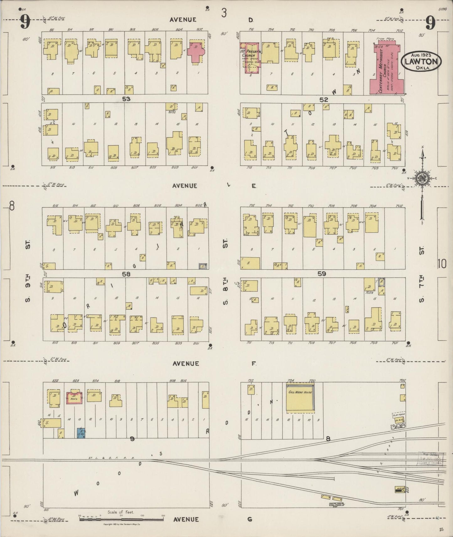 Sanborn Fire Insurance Map from Lawton, Comanche County, Oklahoma (1923), Sheet #0009 - Complete Map Set gallery image, historic Sanborn map, vintage wall art, Oklahoma Oklahoma