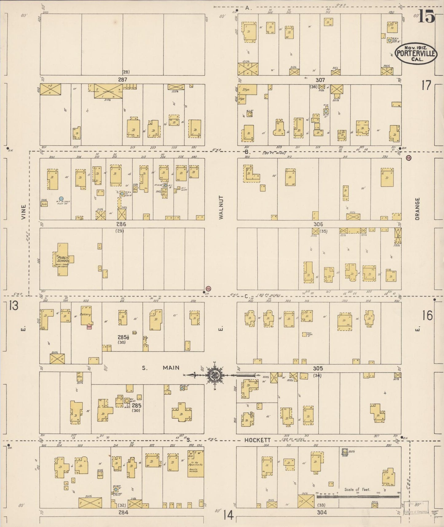 Sanborn Fire Insurance Map from Porterville, Tulare County, California (1912), Sheet #0015 - Complete Map Set gallery image, historic Sanborn map, vintage wall art, California California