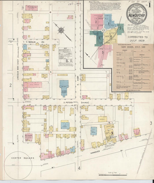 Sanborn Fire Insurance Map from New Oxford, Adams County, Pennsylvania (1929), Sheet #0001 - Historic Sanborn Fire Insurance Map Print, vintage old map wall art, antique decor, genealogy gift, Pennsylvania Pennsylvania map