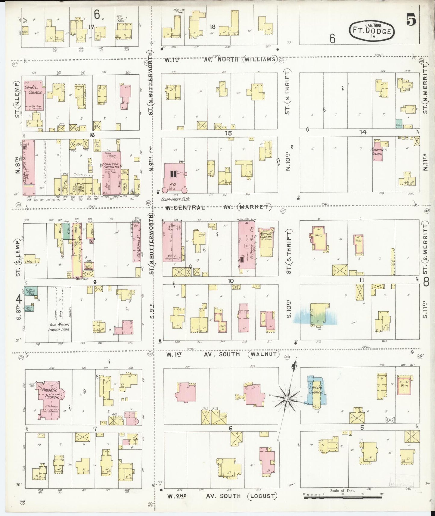 Sanborn Fire Insurance Map from Fort Dodge, Webster County, Iowa (1896), Sheet #0005 - Historic Sanborn Fire Insurance Map Print, vintage old map wall art