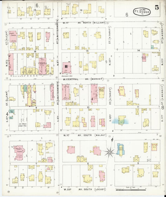 Sanborn Fire Insurance Map from Fort Dodge, Webster County, Iowa (1896), Sheet #0005 - Historic Sanborn Fire Insurance Map Print, vintage old map wall art