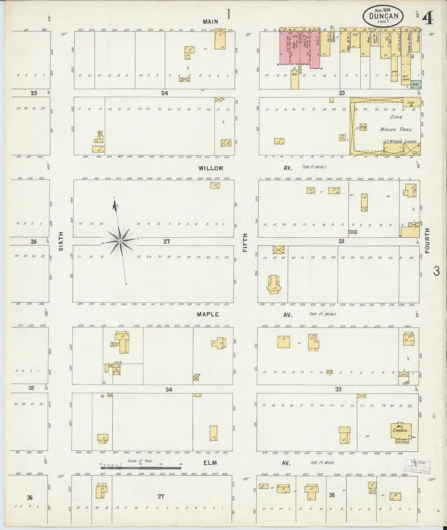 Sanborn Fire Insurance Map from Duncan, Stephens County, Oklahoma (1898), Sheet #0004 - Historic Sanborn Fire Insurance Map Print, vintage old map wall art, antique decor, genealogy gift, Oklahoma Oklahoma map