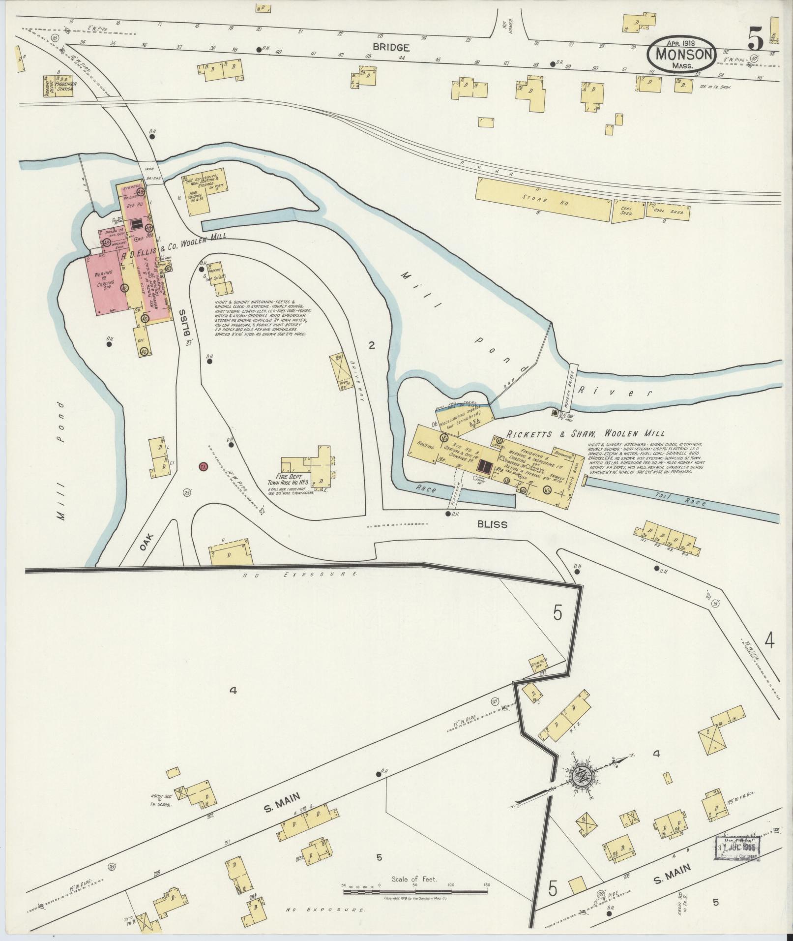 Sanborn Fire Insurance Map from Monson, Hampden County, Massachusetts (1918), Sheet #0005 - Historic Sanborn Fire Insurance Map Print, vintage old map wall art, antique decor, genealogy gift, Massachusetts Massachusetts map