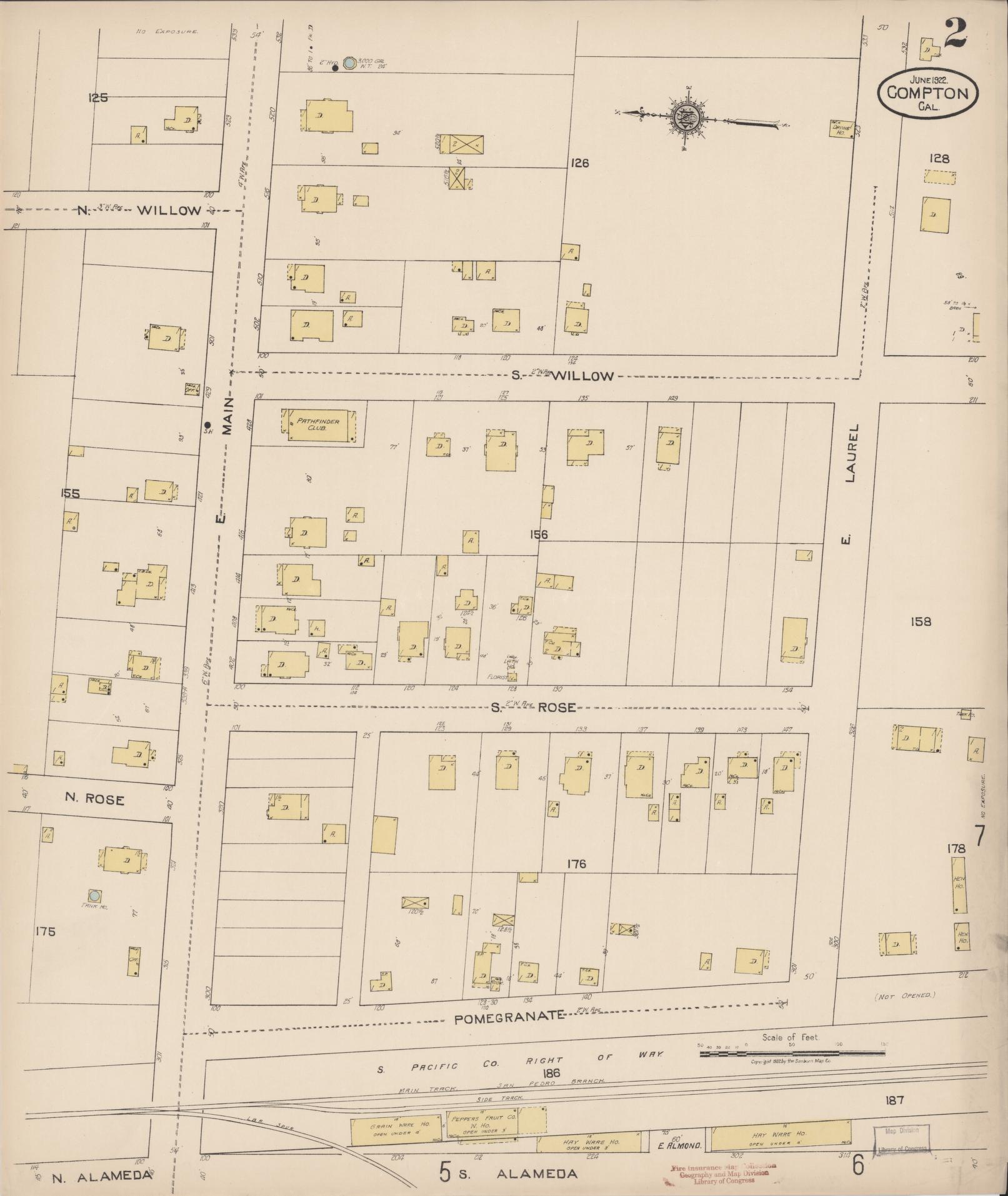 Sanborn Fire Insurance Map from Compton, Los Angeles County, California (1922), Sheet #0002 - Complete Map Set gallery image, historic Sanborn map, vintage wall art, California California